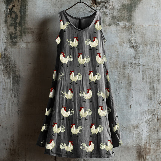 Farm Roosters Embroidered Linen Tank Dress artswardrobe