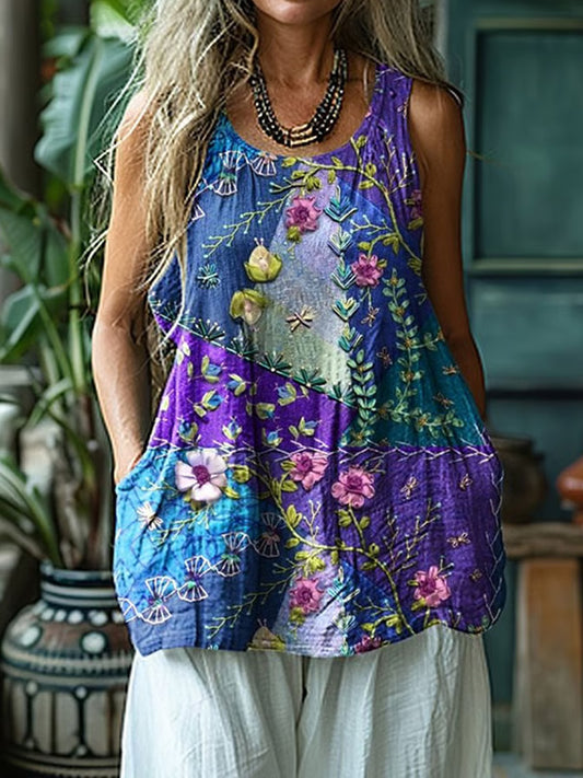 Women's Alzheimer's Purple Floral Print Linen Tank Top artswardrobe