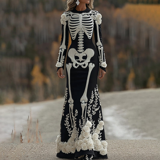 Comstylish Women's Halloween Skeleton Bones With Rose Art Cozy Long Sleeve Maxi Dress
