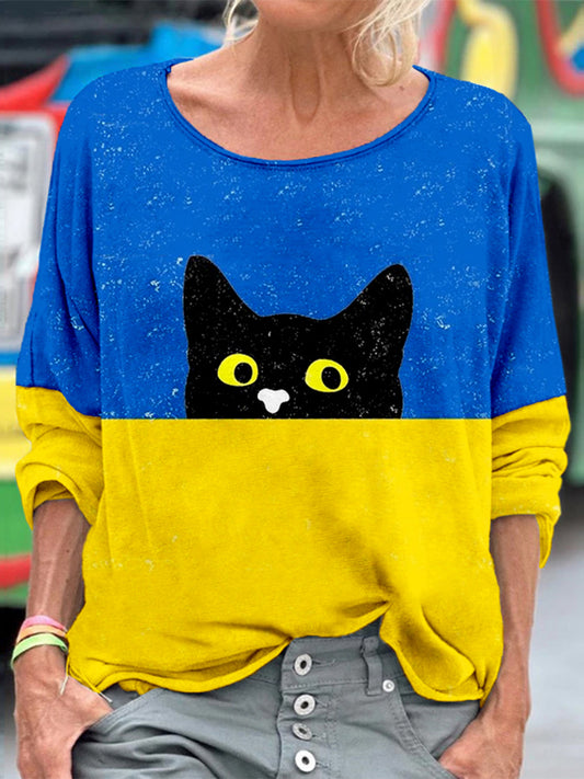 Comstylish Ukraine Cat Art Print Crewneck Comfy T Shirt