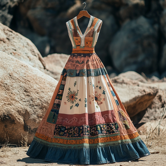 Vintage Ethnic Floral Elegant V-neck Dress artswardrobe
