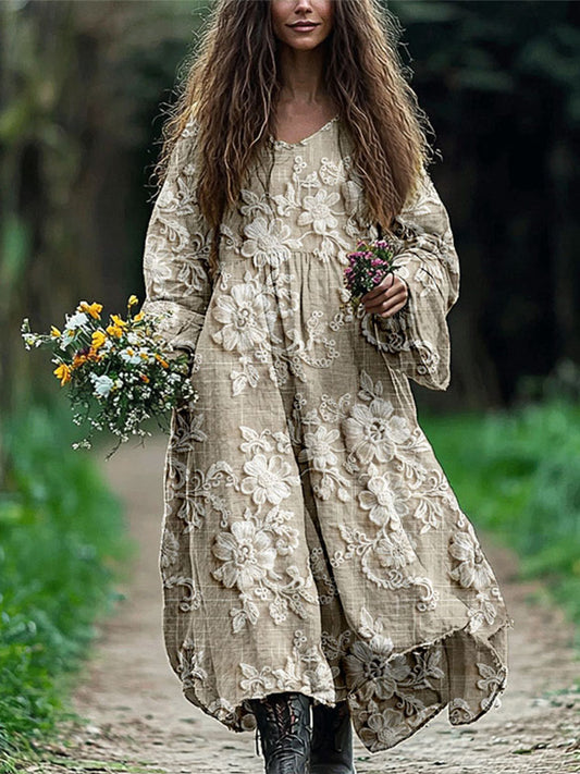 Vintage Floral Lace Embroidered Linen Blend Maxi Dress artswardrobe