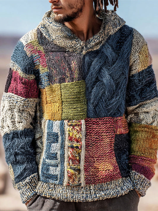 Western Geometric Patchwork Men's Chunky Knit Hooded Sweater artswardrobe