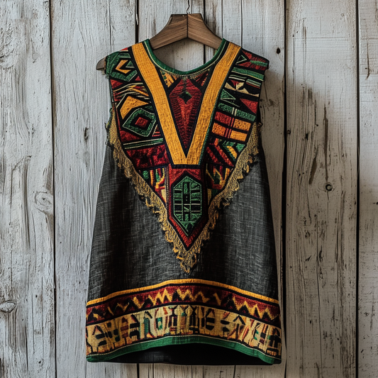 Men's African Ethnic Geometric Juneteenth Art Linen Vest artswardrobe