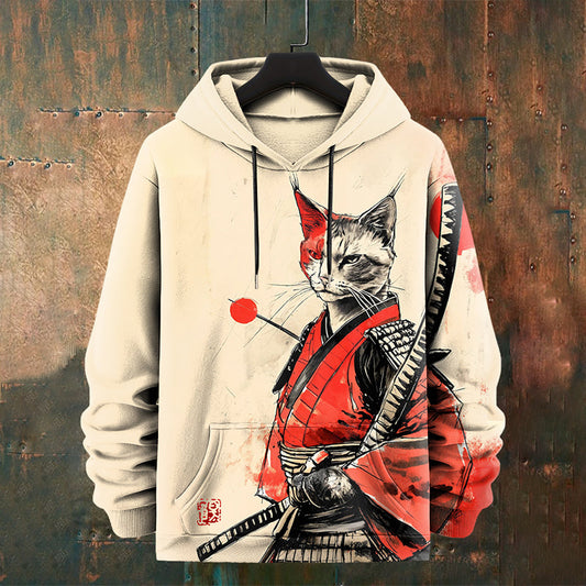 Men's Samurai Cat Japanese Art Graphics Print Casual Hoodie elevenforest