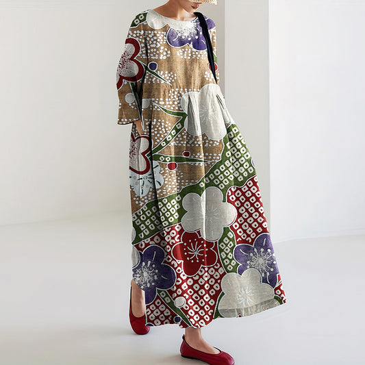 Comstylish Women‘s Japanese Floral Patchwork Linen Blend Maxi Dress