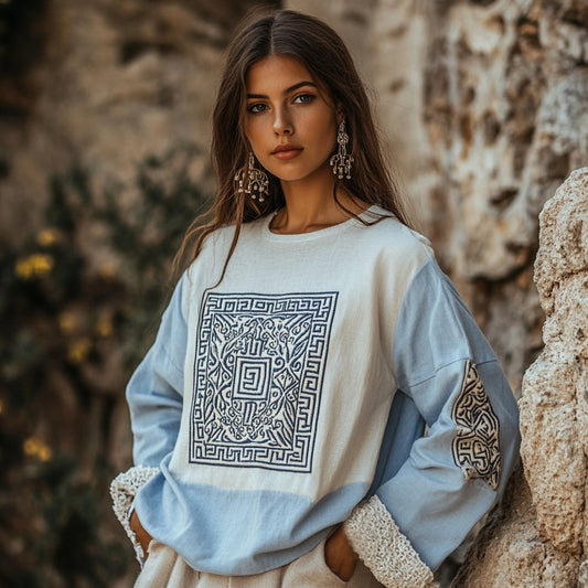 Vintage Greek Key Motif Patchwork Lace Cotton Linen Contrast Shirt artswardrobe