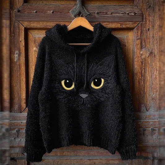 Lovely Black Cat Face Fuzzy Cozy Knit Hooded Sweater elevenforest