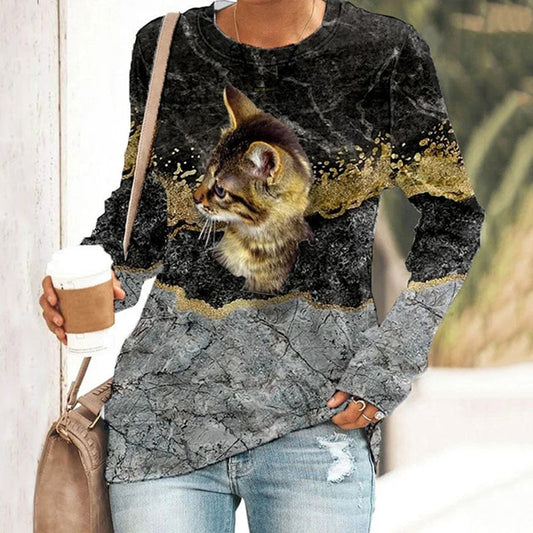 Women's Cat Print Crew Neck Sweatshirt elevenforest
