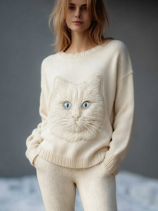 Comstylish Cute Cat Face Art Round Neck Cozy Knit Sweater