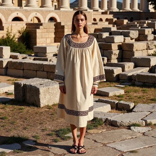 Vintage Classic Greek Key Crew Neck Cotton Blend Mixi Dress artswardrobe