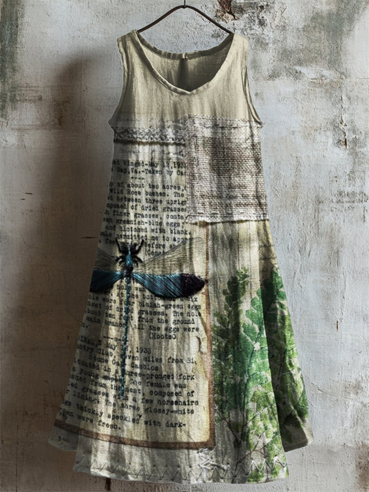 Vintage Dragonfly Embroidered Textile Linen Tank Dress artswardrobe