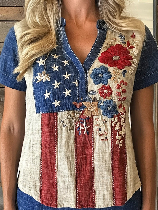 Comstylish Vintage Flag Floral Embroidery Women's Linen V-neck Shirt