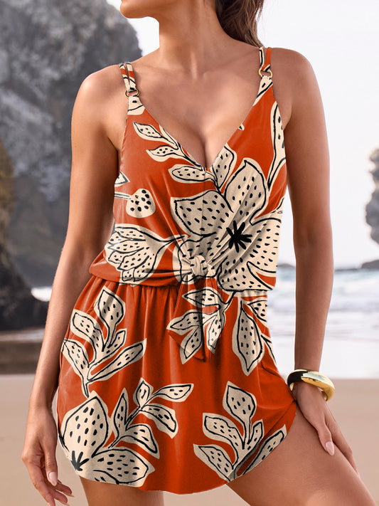 Orange Flower Print V-Neck Bra Pantskirt Bikini Set