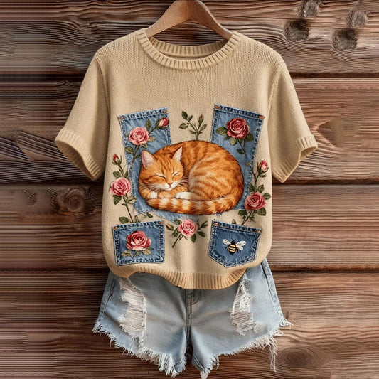 Comstylish Women's Retro Flower Cat Art Cozy Short Sleeve Knit Sweater