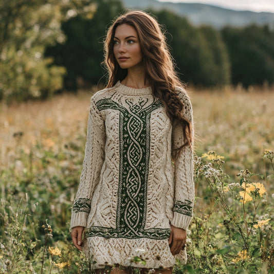 Women's Irish Celtic Knotted Contrast Round Neck Sweater Dress elevenforest