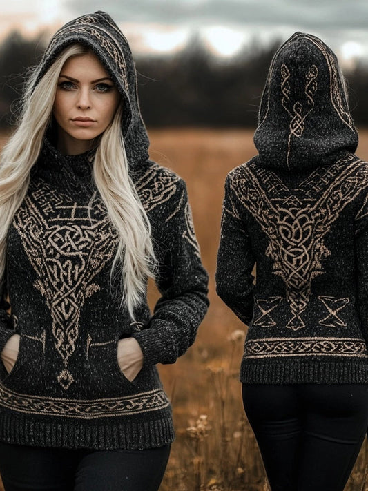Vintage Viking Vegvisir Celtic Jacquard Hooded Sweater elevenforest