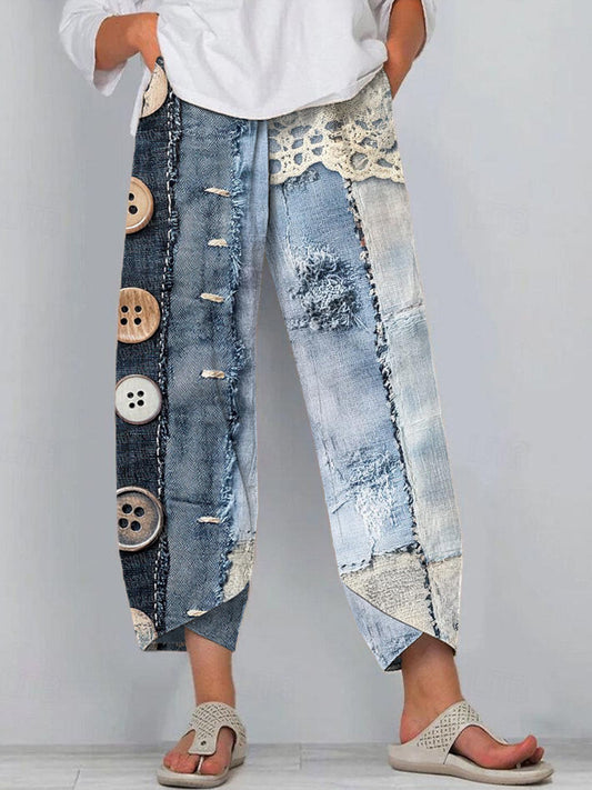 Denim & Lace Patchwork Linen Blend Pants artswardrobe