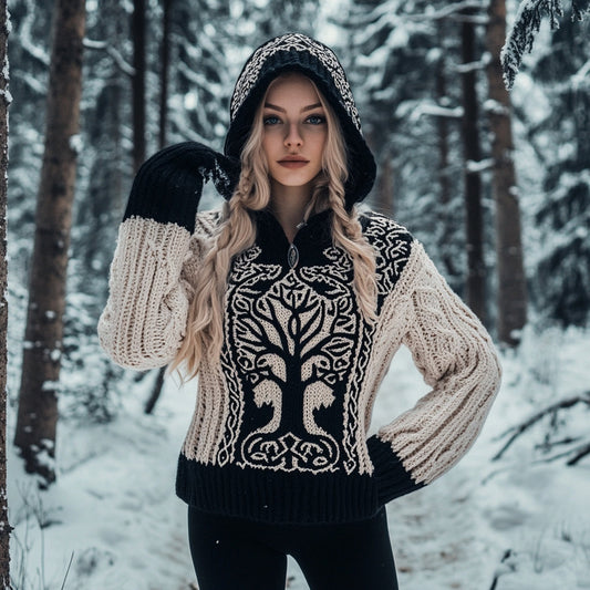 Women's Viking Tree Of Life Jacquard Cozy Chunky Knit Hooded Sweater elevenforest