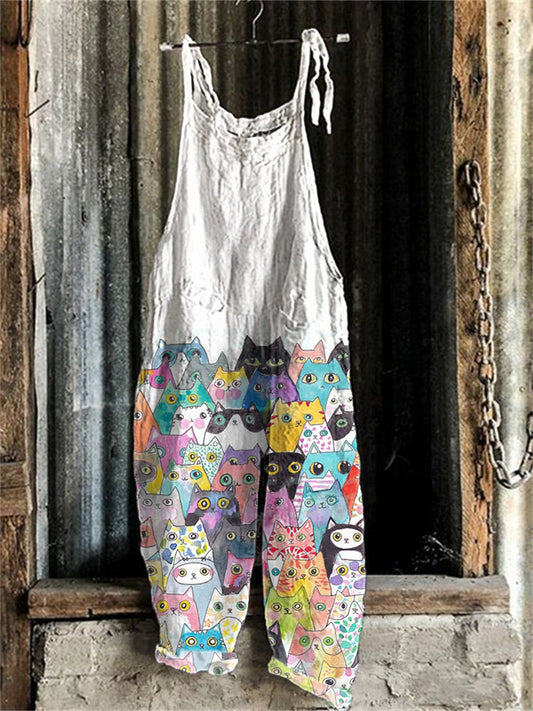 Cute Cats Print Linen Blend Casual Jumpsuit elevenforest