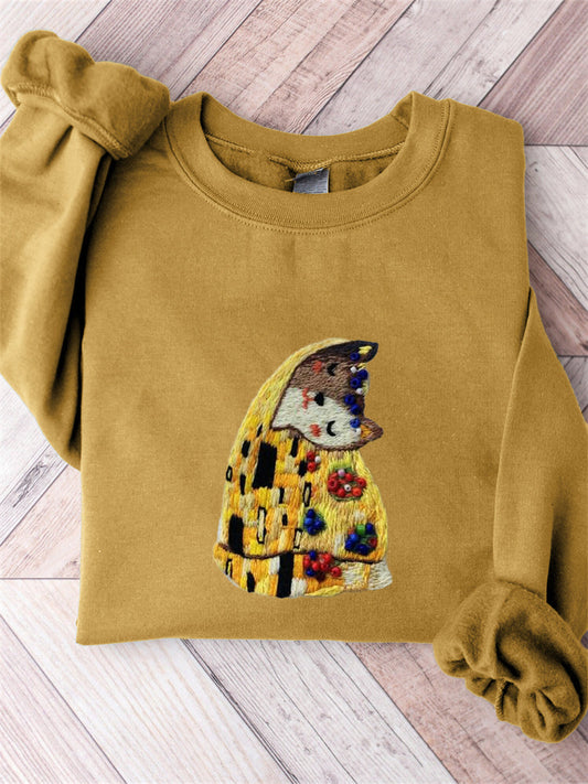 Klimt Inspired Cat Beaded Embroidery Art Comfy Sweatshirt elevenforest
