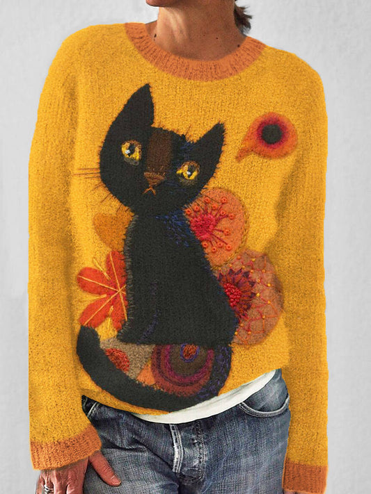 Autumn Cat & Maple Knit Crew Neck Cozy Sweater elevenforest