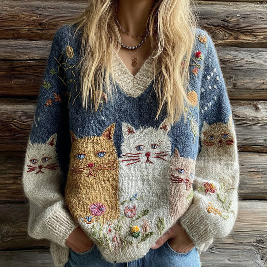 Vintage Cute Cats Inspired Embroidered Cozy Knit V Neck Sweater artswardrobe
