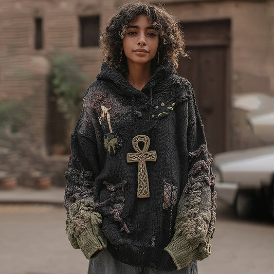 Comstylish Women's Vintage Ancient Egyptian Ankh Pattern Knit Pullover Hooded Sweater