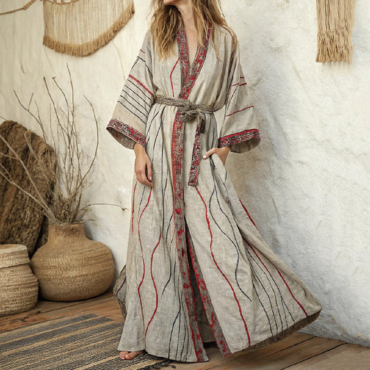 Women's Line Art  Linen V-neck Robe artswardrobe