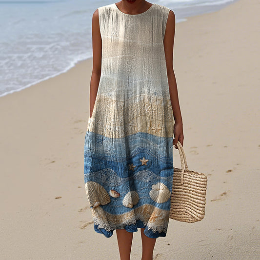 Vintage Loose  Starfish & Sea Shells Sea Waves Art Sleeveless Cotton And Linen Tank Dress artswardrobe