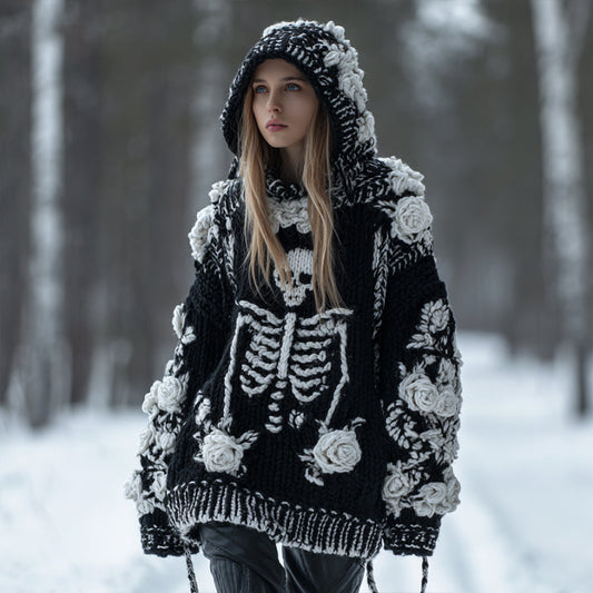 Women's Vintage Three-dimensional White Rose Casual Warm Hooded Sweater elevenforest