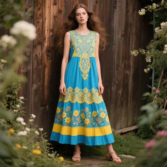 Vintage Sunflower Embroidery Pattern Cotton And Linen Sleeveless Dress artswardrobe