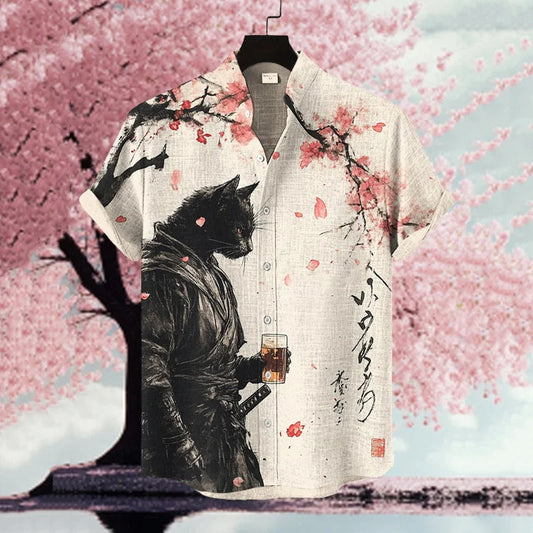 Men's Black Cat Warrior Under The Cherry Tree  Art Print Casual Shirt elevenforest