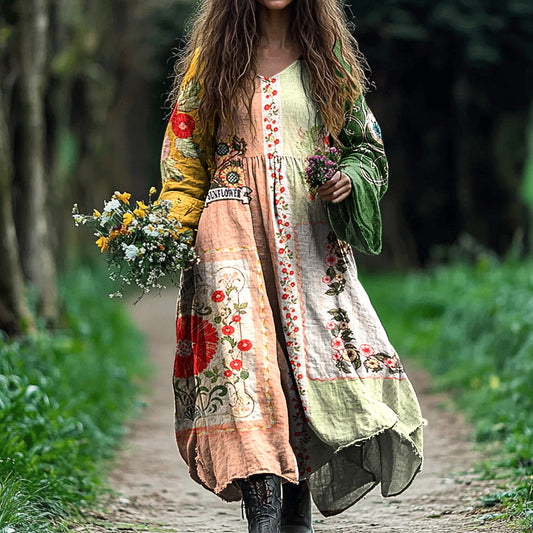 Comstylish Women's Vintage Tribal Floral Art Cotton And Linen Dress