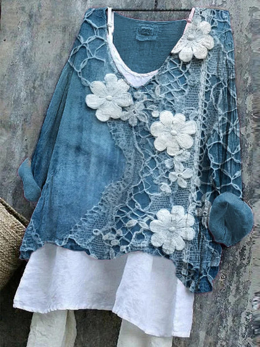 Comstylish Women's Casual Floral Embroidery Art Linen Blend Retro Shirt