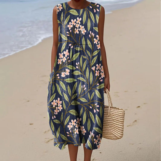 Women's Vintage Floral Art Print Sleeveless Dress artswardrobe