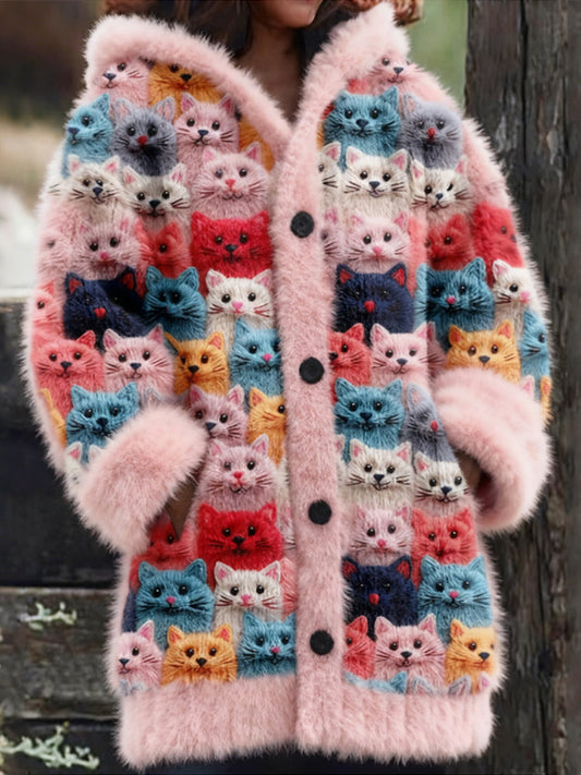 Cute Fuzzy Colorful Cats Pattern Cozy Hooded Cardigan elevenforest