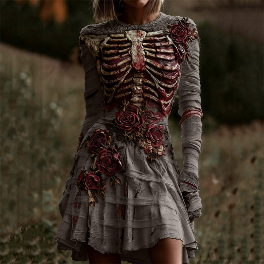 Comstylish Halloween Bloody Rib Cage Red Roses Bandages Comfy Mini Dress