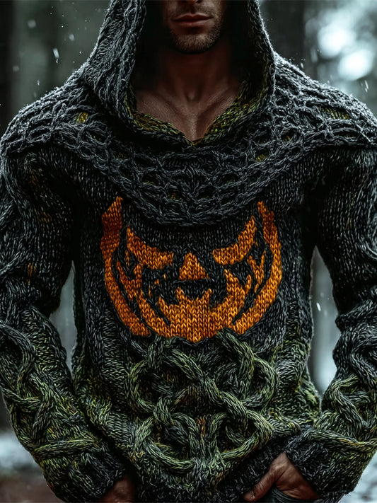 Viking Halloween Evil Emoji Men's Chunky Knit Twist Hooded Sweater artswardrobe