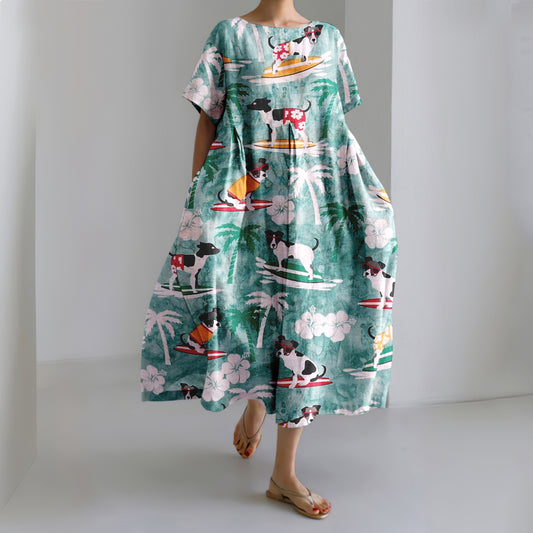 Comstylish Retro Coconut Surfer Puppy Print Loose Midi Dress