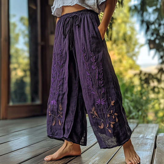 Vintage Bohemian Lavender Art Printed Cotton Linen Wide Leg Pants artswardrobe