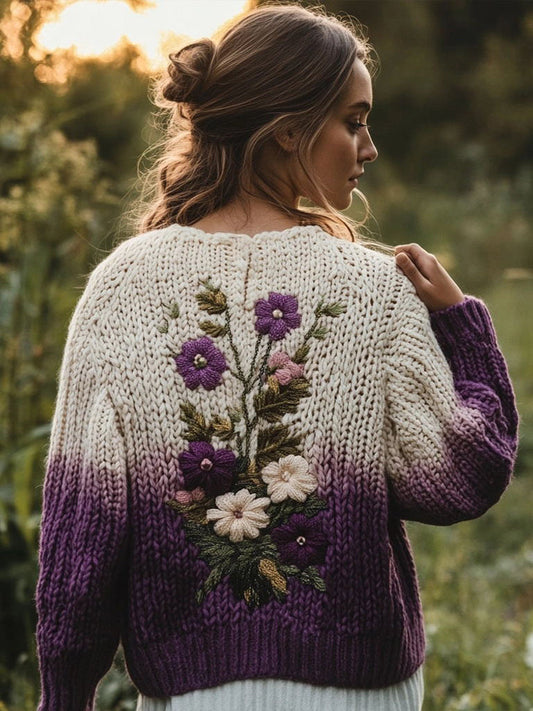 Women's Floral Embroidery Contrast Color Cozy Knit Sweater elevenforest