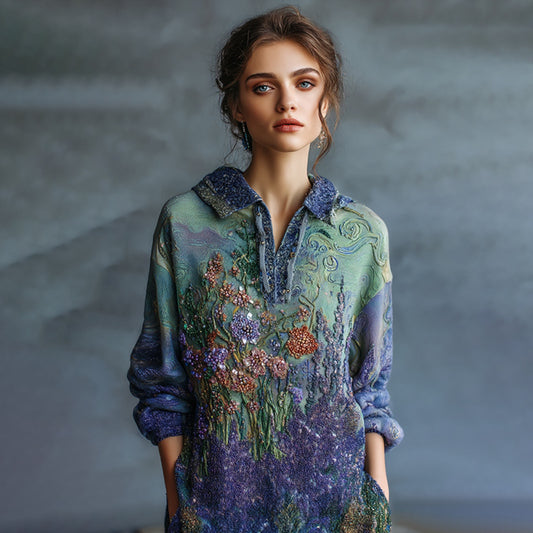 Women's Oil Painting Floral Contrast Color Sequined Button Polo Shirt artswardrobe