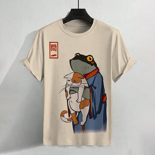 Men's Retro Japan Frog In Kimono And Unhappy Cat Print T-Shirt elevenforest