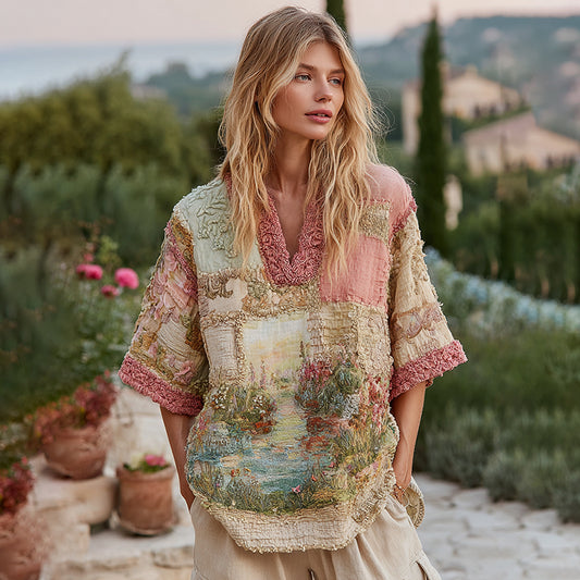 Women's Scenery Oil Painting Floral Patchwork Comfy Shirt artswardrobe