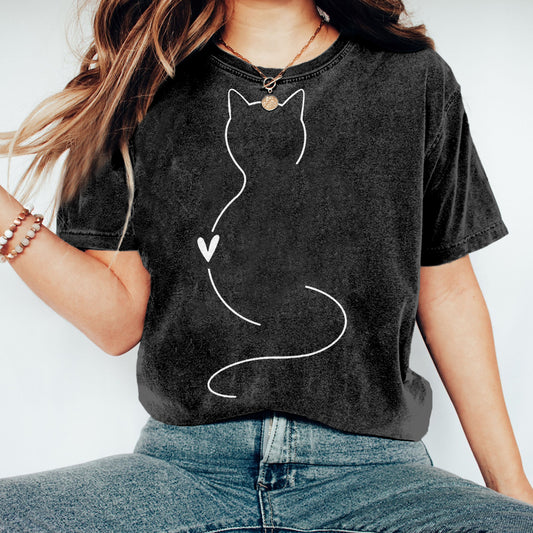 Comstylish Lovely Simple Line Cat Art Vintage Washed T Shirt