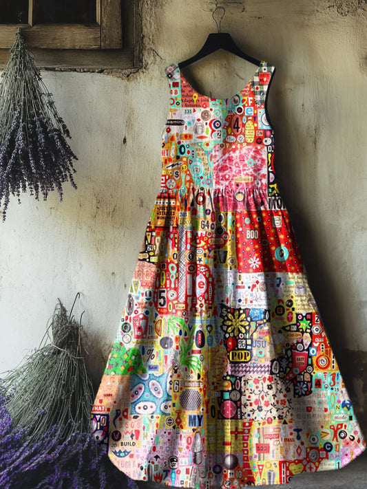 Women's Vintage Bohemian Floral Art Print Sleeveless Cotton Pocket Dre