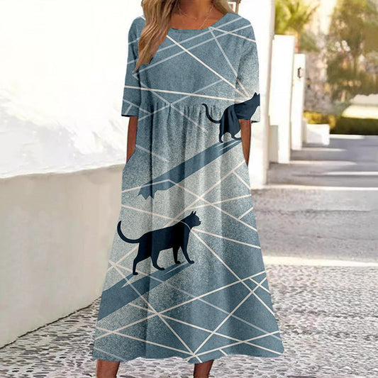 Geometric Shadow Cat Pattern Linen Maxi Dress elevenforest