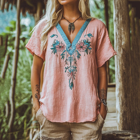 Women's Floral Blue And Pink Embroidery V Neck Casual Linen Top artswardrobe