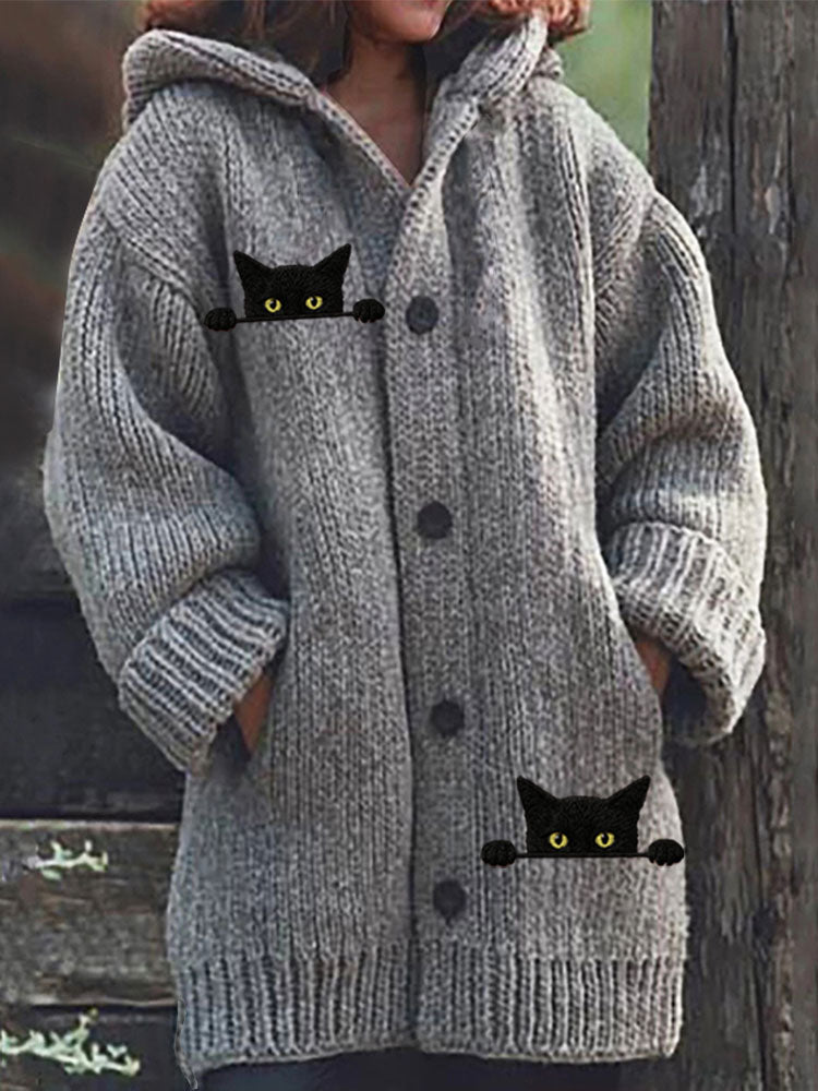 Women's Casual Funny Black Cat Print Hood Sweater elevenforest